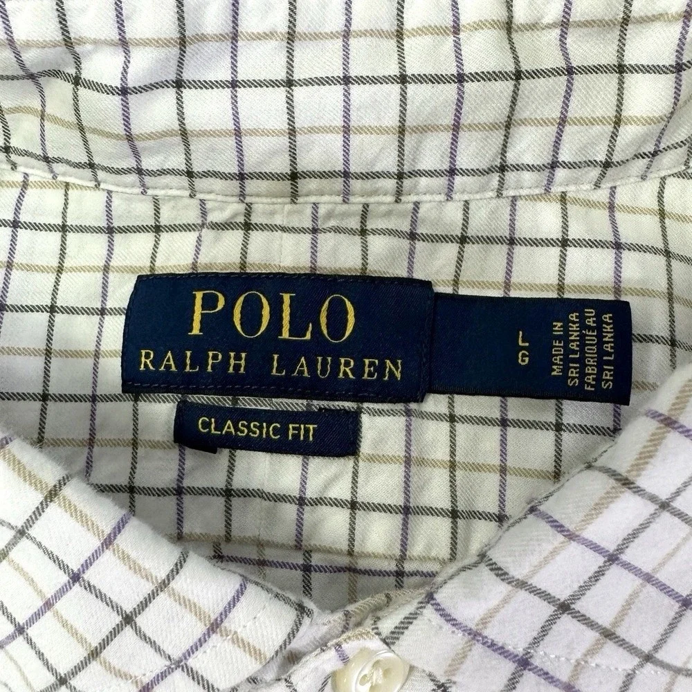 POLO RALPH LAUREN Mens  White Blue Plaid Classic Fit Lightweight Flannel Shirt L